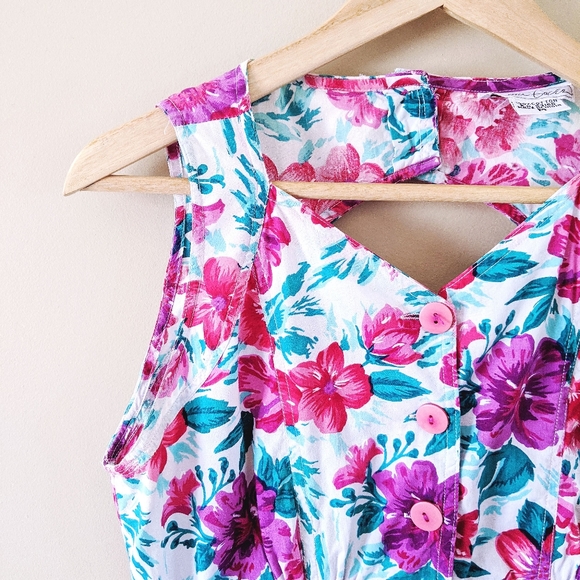 90s purple green floral button up dress - Picture 4 of 9